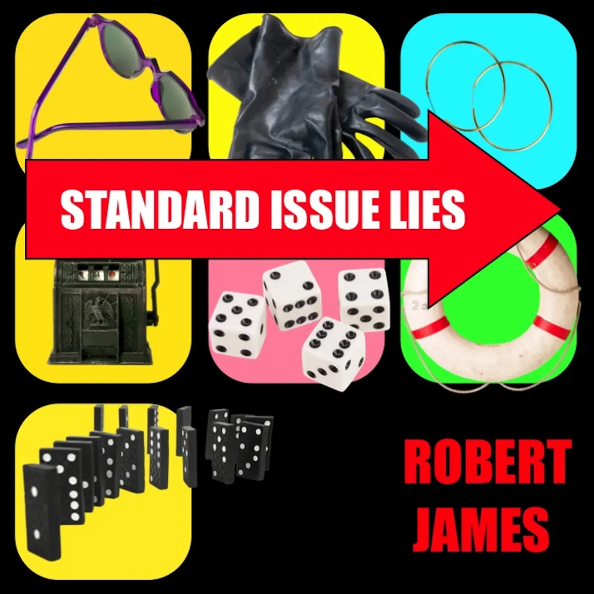 As series of images in squares, representing various lies ... dice, gloves, slot machine ...
